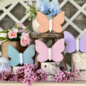Pu&ograve; includere: Quattro decorazioni a forma di farfalla in legno in colori pastello, rosa, viola, blu e pesca, con accenti bianchi. Le farfalle sono esposte su un supporto a pi&ugrave; livelli con basi in corteccia di betulla. La parola "SPRING" &egrave; scritta su un uovo bianco.