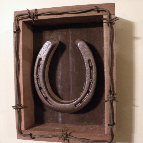 Horse Shoe Shadow Box Wall Decor with Metal and Barbed Wire