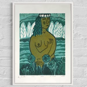 Original Woodcut  Print. Printmaking on Paper. Series of woodcuts "Myths", "Mermaid". Framed. Limited Edition Woodcut Prints.