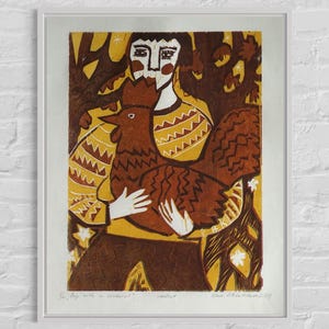 Rooster, Woodcut Unique Print. Printmaking on Paper. Series of woodcuts &quot;Myths&quot;, &quot;Boy with a Cockerel&quot;.