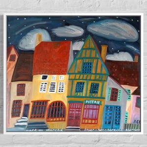 Pintura al óleo original de 96 x 111 cm - Escena callejera de un pueblo francés en Noyer, tienda de cerámica estrellada