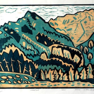 Original woodcut print, Woodcut, Wood engraving,  "Prielbrusye" Wall Art Print , Woodcut Art Print, Home Decor.