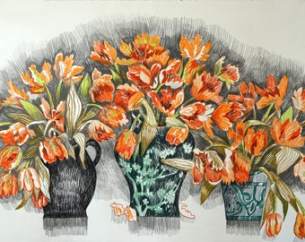 Original drawing, still life drawing, Flower DRAWING. Contemporary Wall Art ."The tulip mania". Unframed.