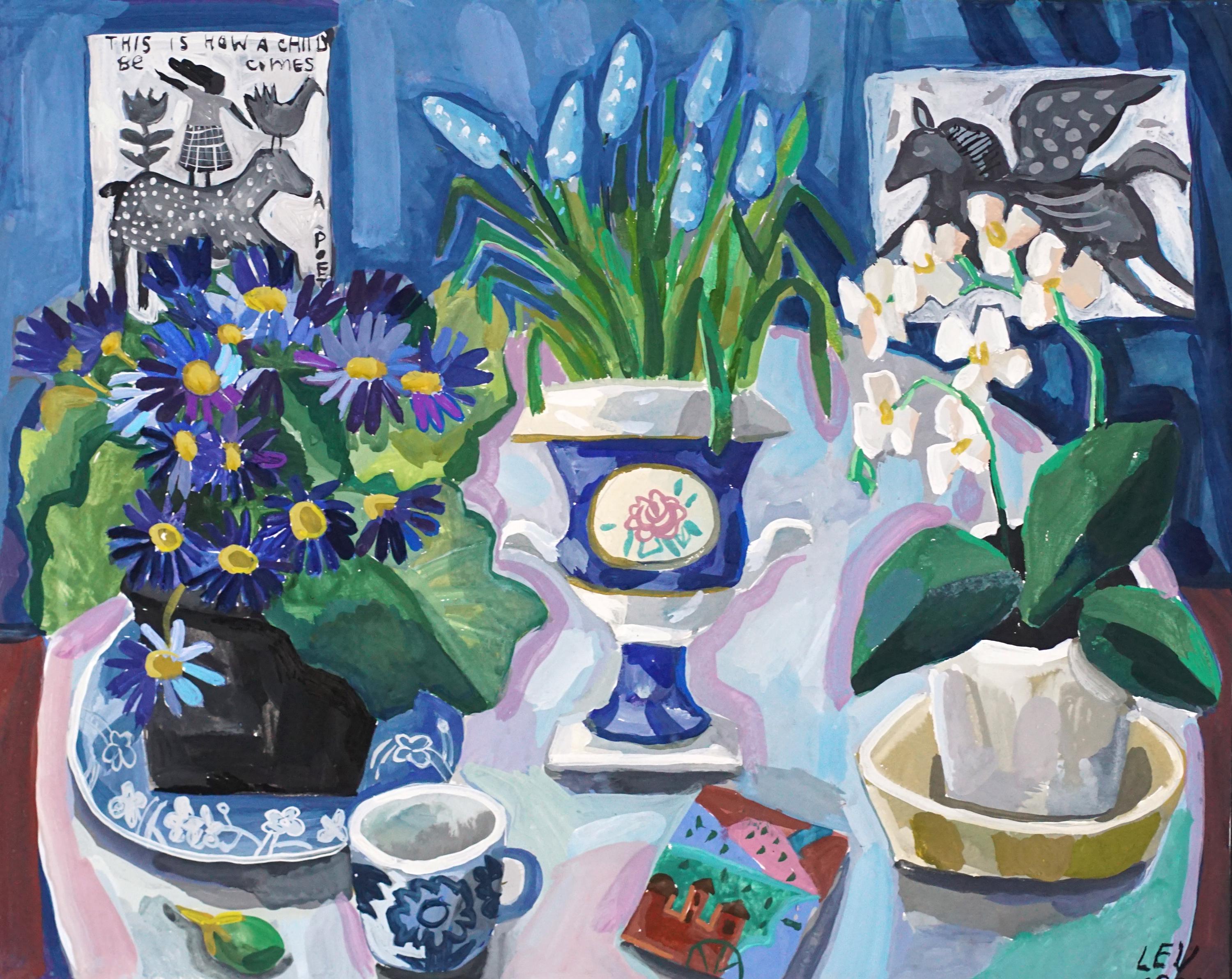 Original Gouache Floral Still Life Painting - Whimsical Tabletop Scene, Elena Likhatskaya Art