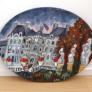 Original oil painting  on oval canvas, Landscape painting &quot;Autumn in Luxembourg park&quot; Gift painting. Painting of Paris. Small gift..