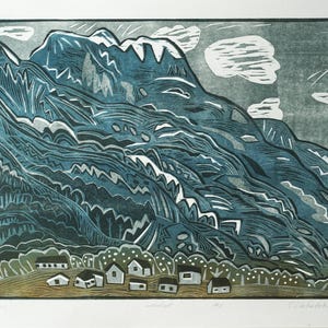 Woodcut print, Original landscape Print, Woodcut, engraving "Magic Mountains of the Caucasus", "Caucasus" Framed. Mother's day 2025 gift.