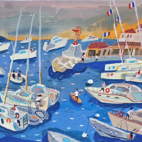 Landscape painting, Original gouache painting, "Port of Villefranche-sur-Mer" Framed.