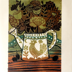 Original Floral Woodcut Print: Still Life, Field Flowers