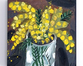 Gele mimosa bloemen acrylschilderij – muurkunst Impasto met textuur. Cadeau voor ....