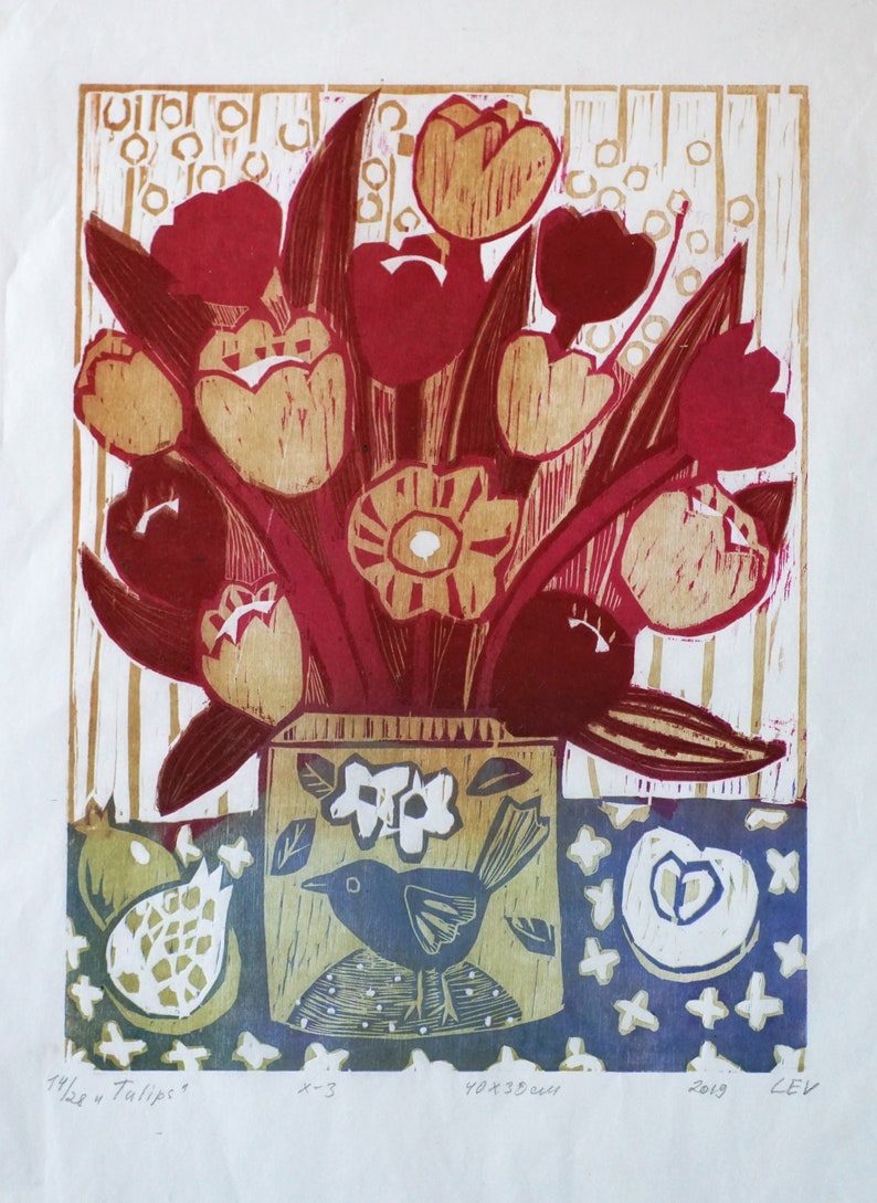 Original woodcut print Tulips