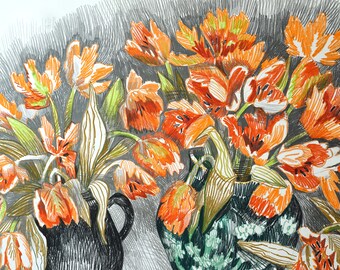 Original drawing, still life drawing, Flower DRAWING. Contemporary Wall Art ."The tulip mania". Unframed.