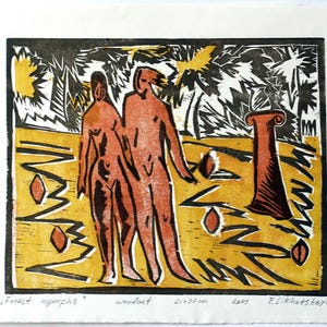Original woodcut print ,   &quot;The nymphs&quot;.Wall Art Print , Woodcut Art Print, Mother&#39;s day 2025 Gift.