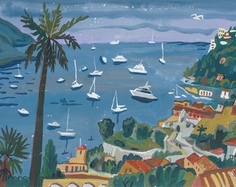 Landscape gouache painting, Original gouache painting,  "View of Villefranche-sur-Mer" Framed.