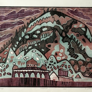 Mountain woodcut, Original woodcut print, Wood engraving, &quot;Elbrus Village&quot; Wall Art Print , Woodcut Art Print, Mother&#39;s day 2025 gift.