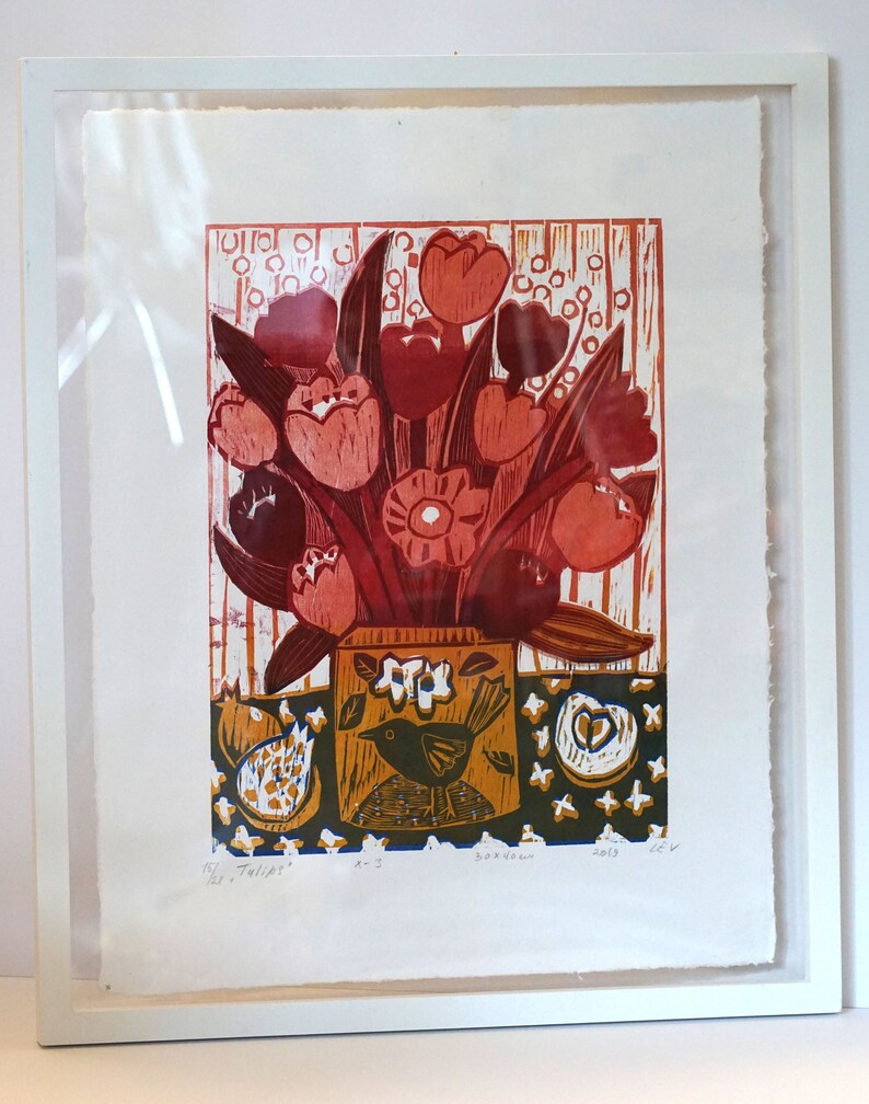 Original woodcut print Tulips