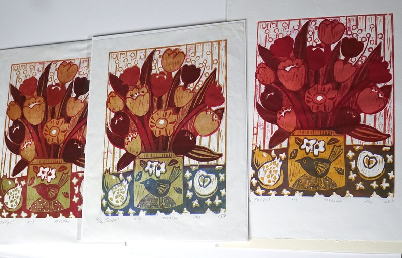 Original woodcut print Tulips