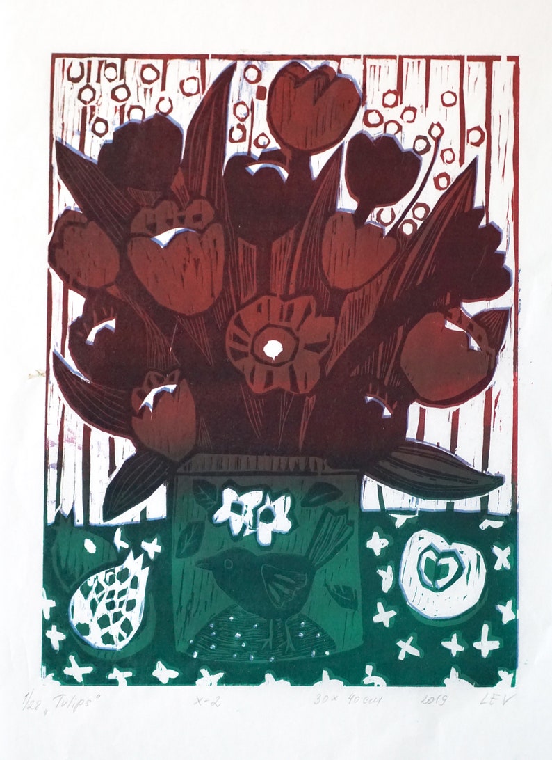 Original woodcut print Tulips