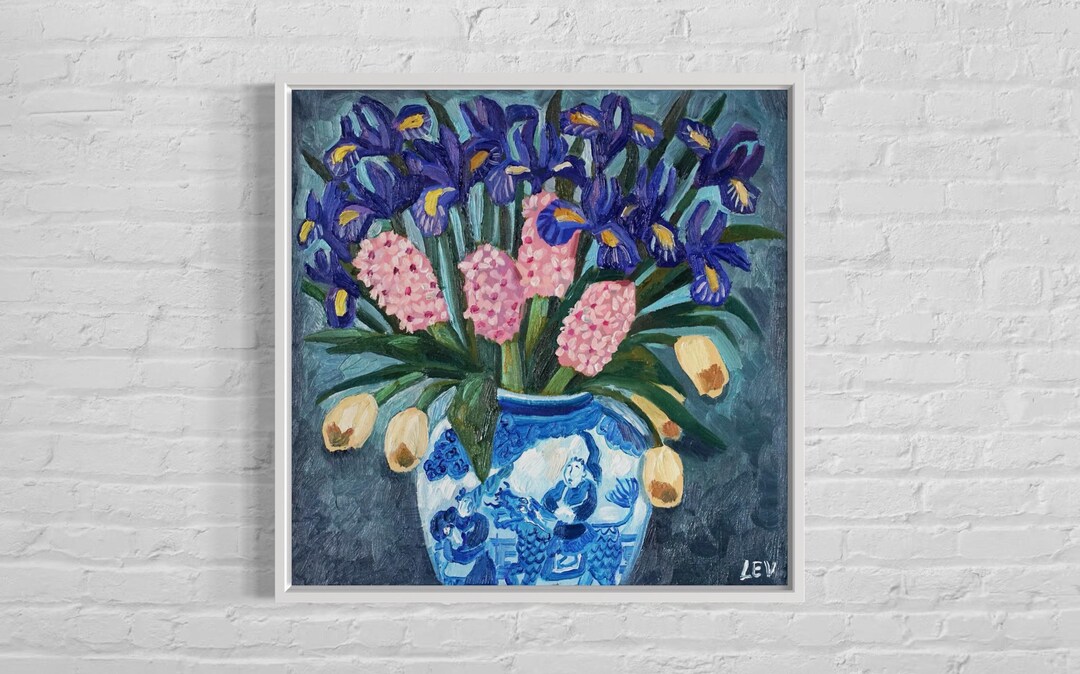 Original Floral Still Life Oil Painting – Irises, Hyacinths, Tulips in ...