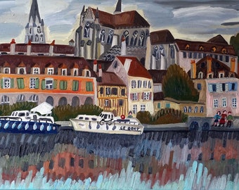 Original Ölgemälde, die Landschaft von Frankreich, Yonne, Burgund, Geschenk für Sie oder Ihn. „Auxerre“, Hauptstadt der Yonne.