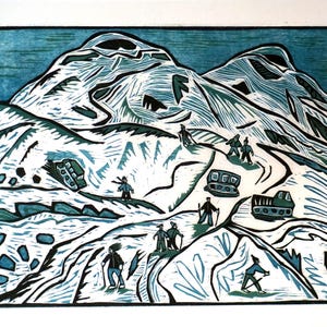 Original Woodcut Print: &quot;Magic Mountains of the Caucasus&quot; Limited Edition, printmaking.
