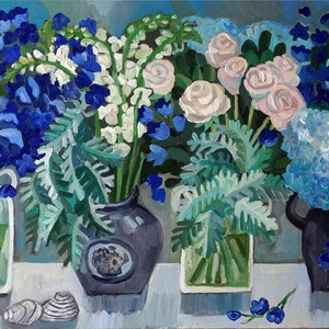 Flowers Original Oil Painting, still life, Oil on Canvas, &quot;Blue still life&quot; oil on canvas. Valentines day gift.