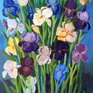 Original  acrylic painting, colorful flowers artwork, Irises-Magic Flower, still life painting, floral painting