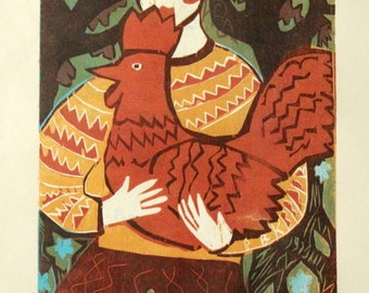 Original Woodcut Unique Print. Printmaking on Paper. Series of woodcuts "Myths", "Boy with a Cockerel". Illustrative figurative.