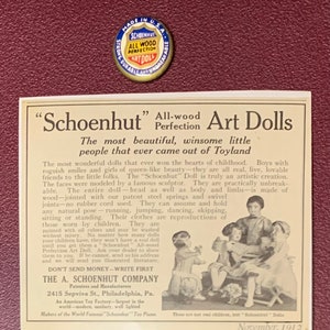 Schoenhut Doll Advertisement and Schoenhut Pin
