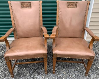 Beautiful Leather and Oak Set of Armchairs Chairs ~ Shipping is not Free