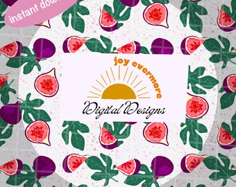 May include: A digital design featuring a repeating pattern of figs and leaves. The figs are depicted in shades of purple and pink, with green leaves. The design includes the text "instant download" in a pink oval and the logo "joy evermore Digital Designs".