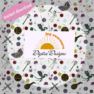 May include: A white background with a repeating pattern of various fantasy and role-playing game icons. The icons include dice, potions, swords, a dragon, a skeleton, a book, and a lute. The text "joy evermore Digital Designs" is in the centre of the image.