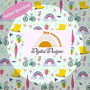 May include: A seamless pattern featuring a variety of spring-themed illustrations, including bicycles, rainbows, rain boots, birds, butterflies, and flowers. The pattern is set against a light green background with white polka dots. The text "joy evermore Digital Designs" is featured in the center of the pattern.