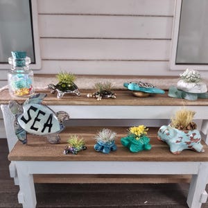 May include: A collection of miniature turtle figurines and planters, some holding small plants. A glass jar with a blue lid and contents is also present. The word "SEA" is displayed on a turtle-shaped sign. The items are arranged on a two-tiered wooden table.