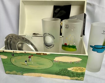 Chest of Golf Glasses, Plates