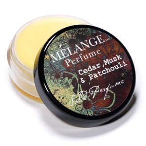 Melange Solid Perfume Single - Cedar, Musk & Patchouli .56 oz. Poured to order.  Base of Beeswax/Jojoba Oil/ CRUELTY FREE