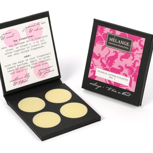 May include: A black palette with four solid perfume samples. The palette is open, revealing the fragrance samples and text. The cover features the text "MÉLANGE" and "FLORAL NOTES PALETTE NO. 1" on a pink floral design.