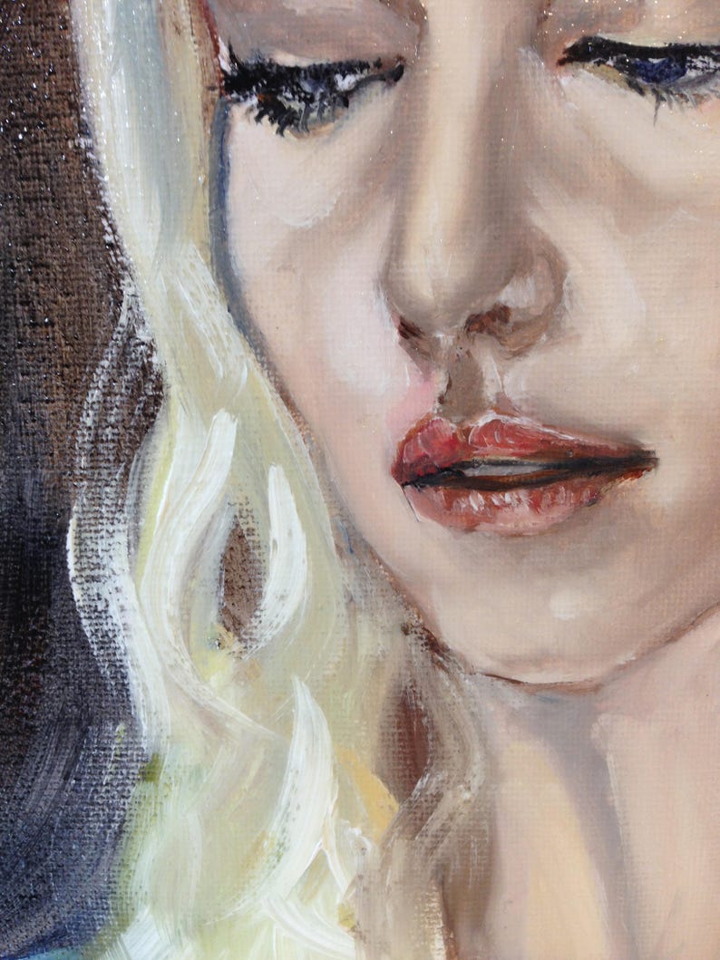 May include: Close-up of a woman's face with blonde hair. Her eyes are closed and her lips are slightly parted. The painting is done in a realistic style with visible brushstrokes.
