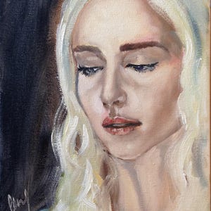 May include: A painting of a woman with long, flowing blonde hair. She is looking down with a sad expression on her face. The painting is done in a realistic style and the woman's features are very detailed.