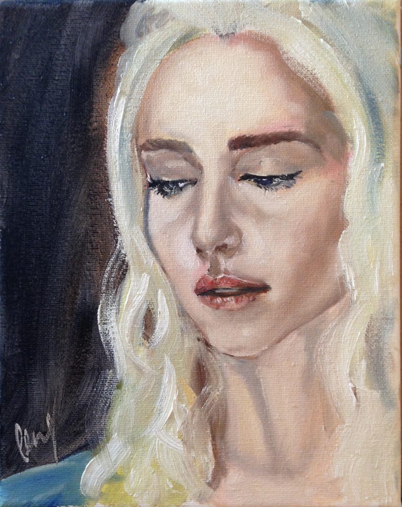 May include: A painting of a woman with long, flowing blonde hair. She is looking down with a sad expression on her face. The painting is done in a realistic style and the woman's features are very detailed.