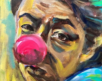 May include: A painting of a person with a large red nose. The person has a sad expression and is wearing a blue shirt. The painting is done in a colorful style with thick brushstrokes.