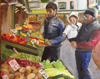 May include: A painting of a market scene with three people. The people are standing in front of a display of fresh produce, including red and green peppers, onions, potatoes, and corn. The market is brightly lit and the people are dressed in casual clothing.