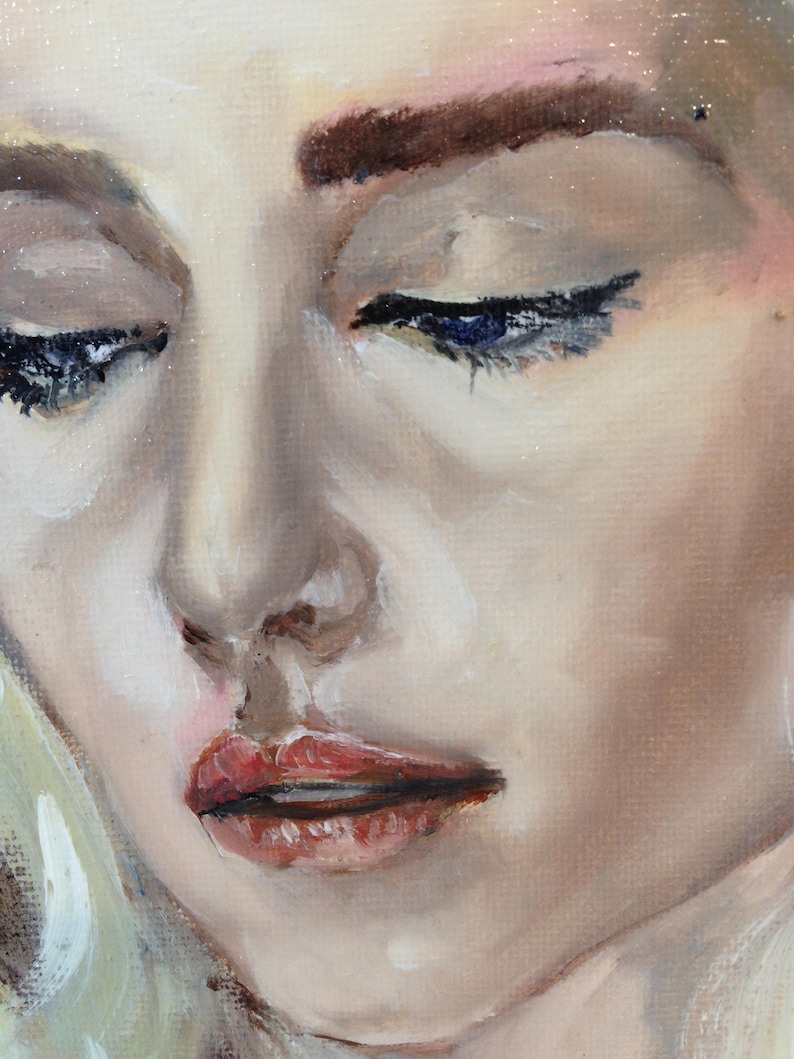 May include: A close-up of a woman's face with soft, natural makeup. Her eyes are closed and her lips are slightly parted. The painting is done in a realistic style with subtle brushstrokes.
