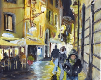 May include: A painting of a narrow, dimly lit street in a European city at night. The street is lined with buildings, and there are people walking on the sidewalk. The street is illuminated by streetlights, and the buildings are lit up by windows. The painting is done in a realistic style, with a focus on the details of the architecture and the people.