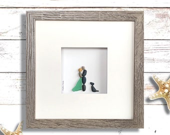 Pebble Art Wedding Gift, Bride, Groom and Dog, Sea Glass Art