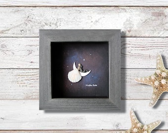 Pebble Art Wedding Gift, Couple on Moon, 4x4 Framed Art