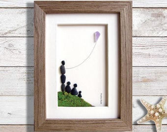 Pebble Art Family of 4: Flying Kite, Sentimental Gift (5x7)
