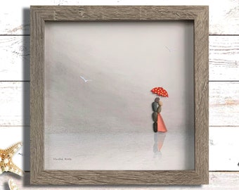 Sea Glass Pebble Art: Beach Wedding Couple Gift, 8x8 Framed