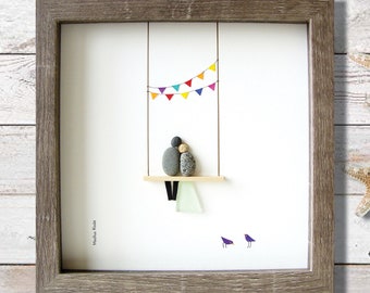 Personalized Pebble Art Wedding Gift, Swing Scene in Rustic Gray Frame