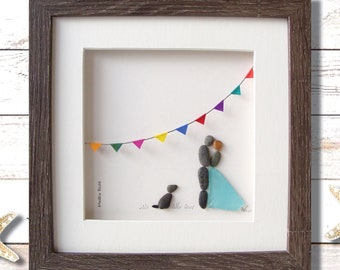 Sea Glass Pebble Art Wedding Gift, Couple and Dog, Anniversary Engagement Gift