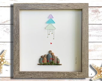 Pebble Family of 5 Art: Sea Glass Framed Keepsake Gift